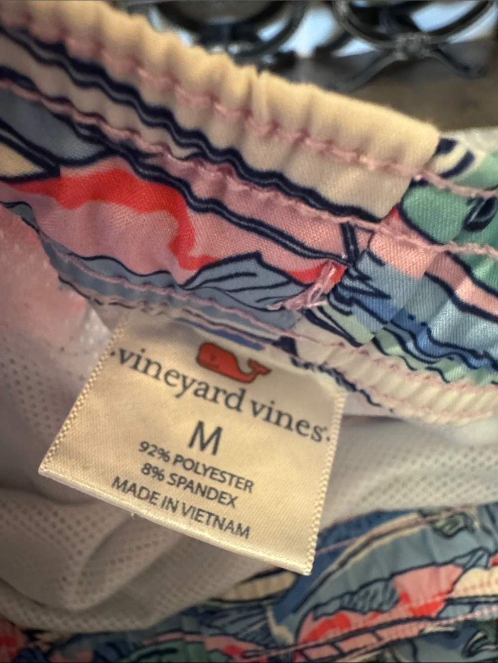 Vineyard Vines Boys Fish Print Swim Trunks in Coral, Blue & Cream medium